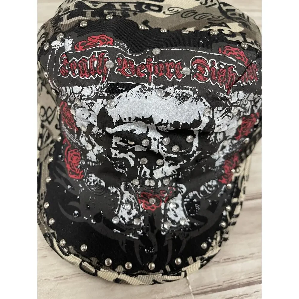 Alex Hat Mens Skull Cap Black Beaded Embroidered Adjustable Camo A11